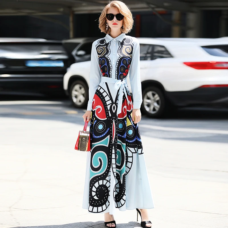

High quality 2019 new designer runway maxi dress Women's Long Sleeve pattern Printed Vintage Long Dress