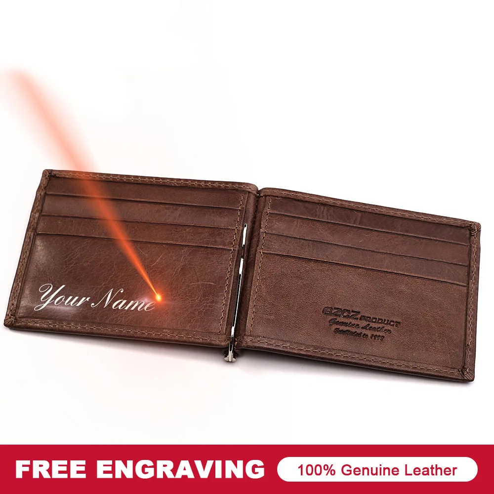 GZCZ font b Men b font Women Genuine Leather Money Clips Bifold Male Purse Billfold Wallet
