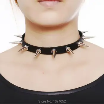 

Women Girl Punk Gothic 100% Handcrafted Long Spiked Collar Spiked Choker Leather Collar Jewelry Button Necklace