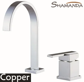 

Free Shipping Solid Brass Copper Chrome Hot and Cold 2 Holes Single Handle Basin Faucet Mixer Tap 2 Pieces Square Faucet-2419