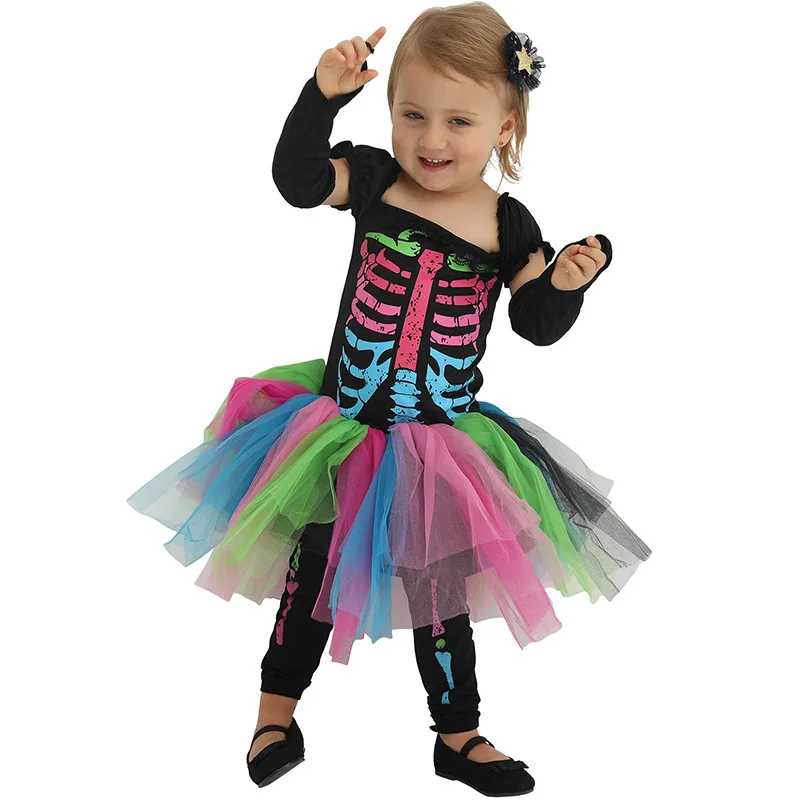 

2-4T Carnival Toddler Skeleton Tutu Dress Scary Colorful Halloween Costume for Kids Baby Gilrs Infant Bone Cosplay Outfit Set