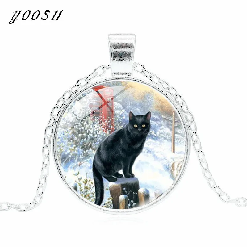 HOT! Unique Black Cat Picture Statement Necklace Glass Cabochon Pendant