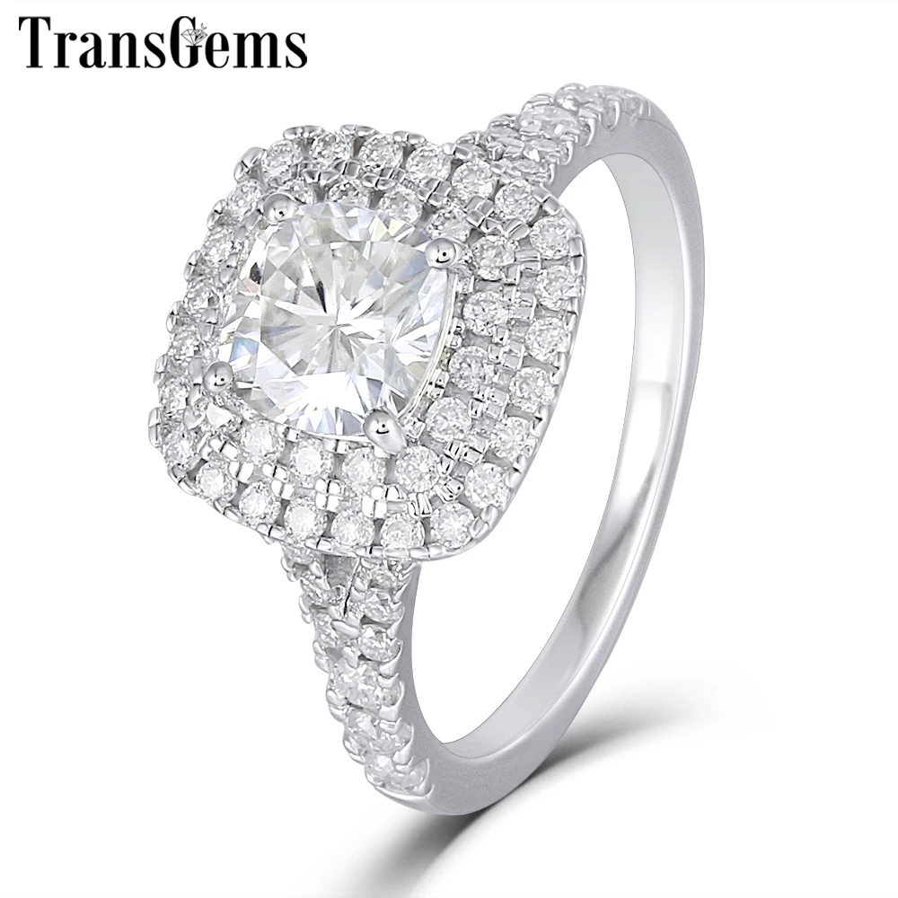 

Transgems 14K White Gold Double Halo Ring Center 1ct 6mm Square Cushion Cut F Color Moissanite Engagement Ring for Women Wedding