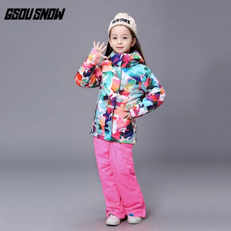 GSOU снег детский лыжный костюм Цвет камуфляж ветрозащитный Теплый Водонепроницаемый дышащий лыжная куртка+ лыжные брюки для девочки