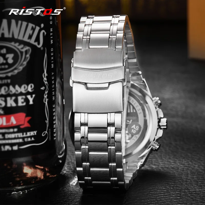  RISTOS Male Watches Military Wristwatch Stainless Steel Reloj Hombre Men Quartz Watch Reloj Masculi