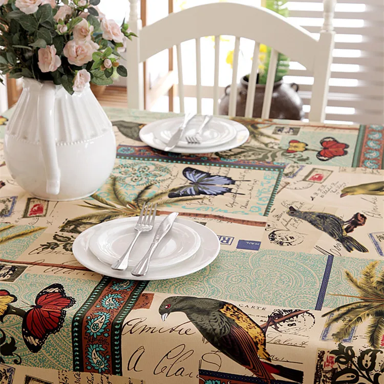 

Mediterranean Butterfly Birds Coconut Tree Decorative Table Cloth Cotton Tablecloth Dining Table Cover For Kitchen Home Decor