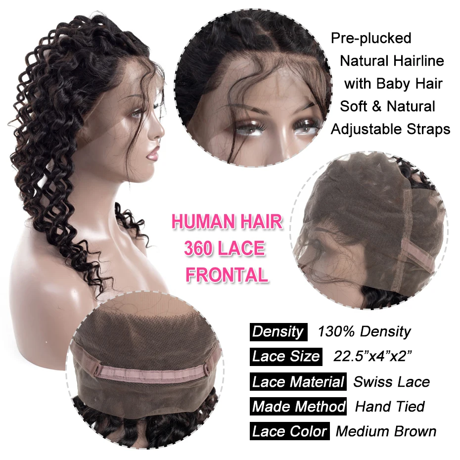 Шикарные волосы Бразильские глубокие синтетические волосы волнистые 360 Кружева Фронтальная с волосами младенца часть предварительно сорвать Remy человеческие волосы закрытие натуральный цвет