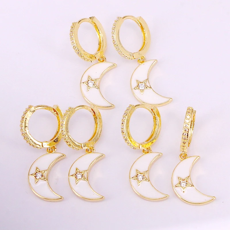 

6Pairs, 2019 New Trendy Crystal Zirconia Micro Pave CZ Gold Filled Enamel Crescent Moon Charming Earring For Women Girls