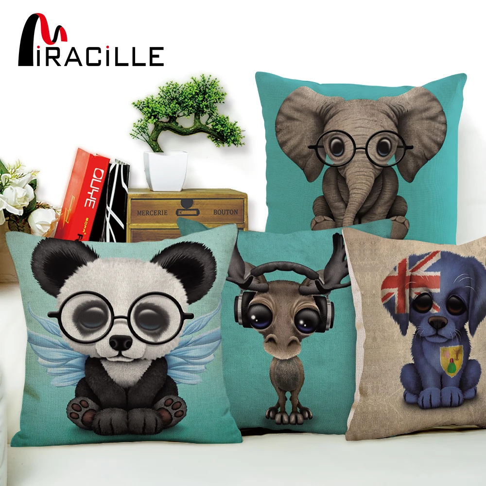 

Miracille Square 18" Cotton Linen Cute Glasses Elephant Panda Printed Cushions Dogs Coffee House Waist Pillows Without Filling