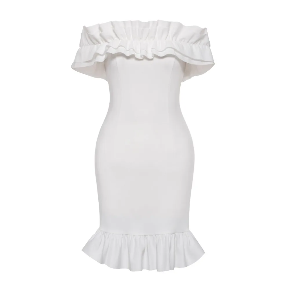 Women Mermaid Dress Slash Neck Sweet Ruffles Elastic Robe White Sheath Falbala Vestidos Slim