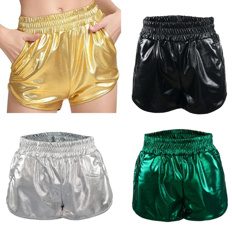 

Europe Loose Elastic Bright Leather PU Shorts With Pockets Women Bottoming Short Pants Sexy 6 Color Golden Silver Fashion Street