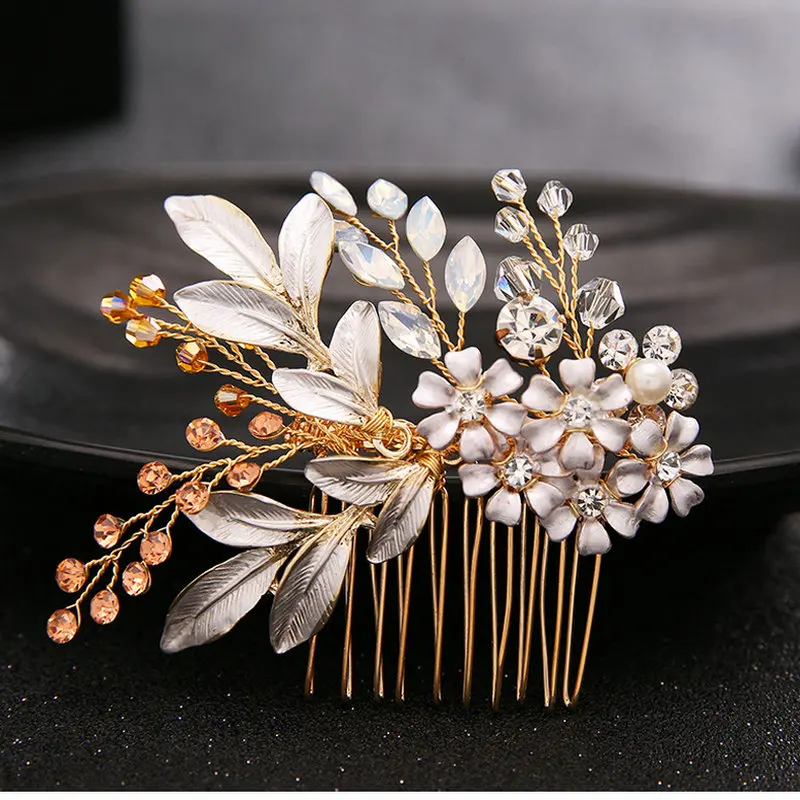 

Handmade Flowers Leaves Hair Comb Bride Wedding Jewelry Chic Metal Leaf Opal Crystal Hair Accessories