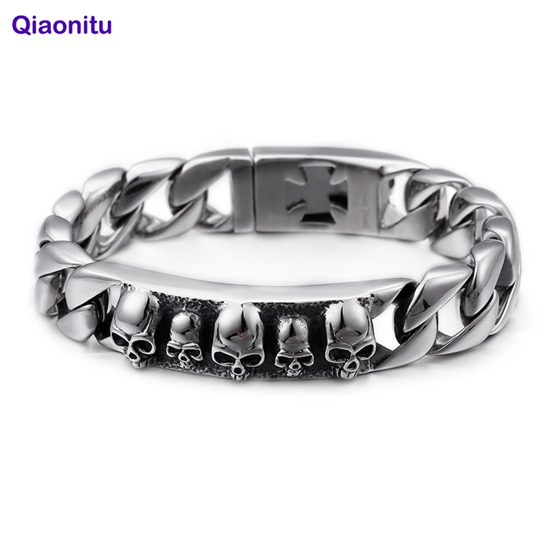 Панк-рок 22 см Череп Браслеты для Для мужчин Нержавеющая сталь Блестящие образцы Череп Шарм Снаряженная Браслеты Готический Байкер Хэллоуин ювелирные изделия