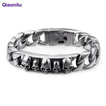 Панк-рок 22 см Череп Браслеты для Для мужчин Нержавеющая сталь Блестящие образцы Череп Шарм Снаряженная Браслеты Готический Байкер Хэллоуин ювелирные изделия