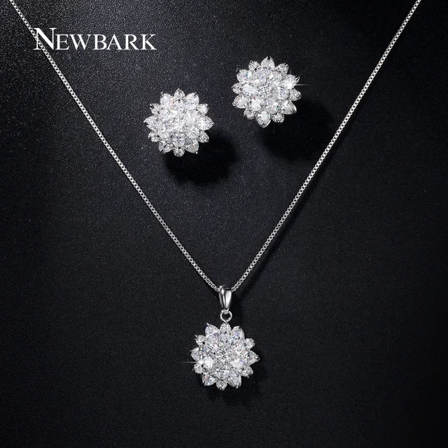 Newbark Silver Color Lotus Stud Earrings Necklace Set Paved Cubic Newbark Silver Color Lotus Stud Earrings Necklace Set Paved Cubic Zirconia Flower Jewelry Stes For