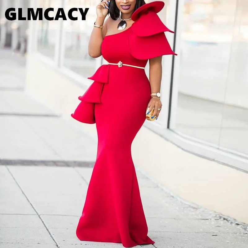 

Women One Shoulder Ruffle Red Ankara Irregular Dresses Prom Party Dress Plus Size Women Dress African Formal Dresses