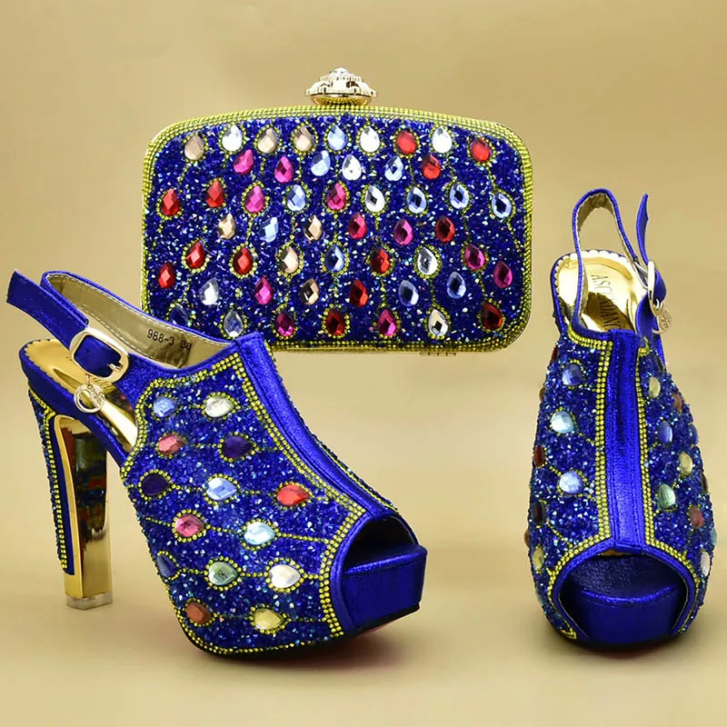 Комплект из итальянских туфель и сумочки в африканском стиле; женские вечерние туфли и сумочка в комплекте; женские туфли на высоком каблуке и сумочка синего цвета - Цвет: 1