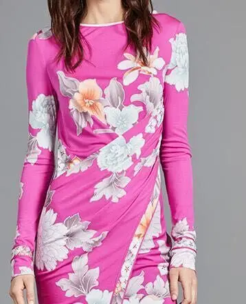 Women's new fashion pink printing knitting slim dress long sleeves