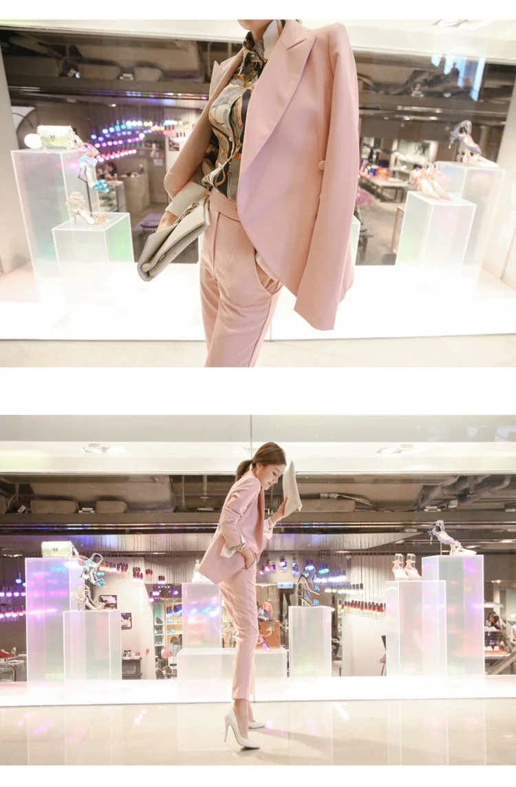 Двойка комплект осень Бизнес Розовые Костюмы для торжественных случаев Куртки для Для женщин офисные с длинным рукавом Брючный костюм 2017