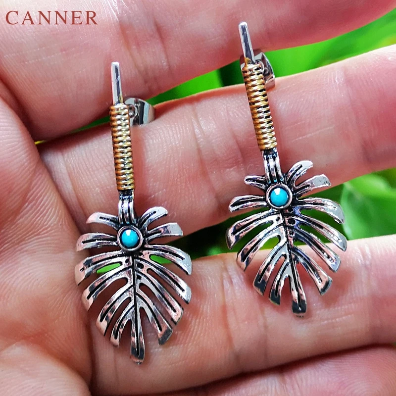 Antique Silver Color Leaf Drop Earrings for Women Vintage Green Stone Earrings 2019 Bohemian Jewelry Female Dangle Earings C30