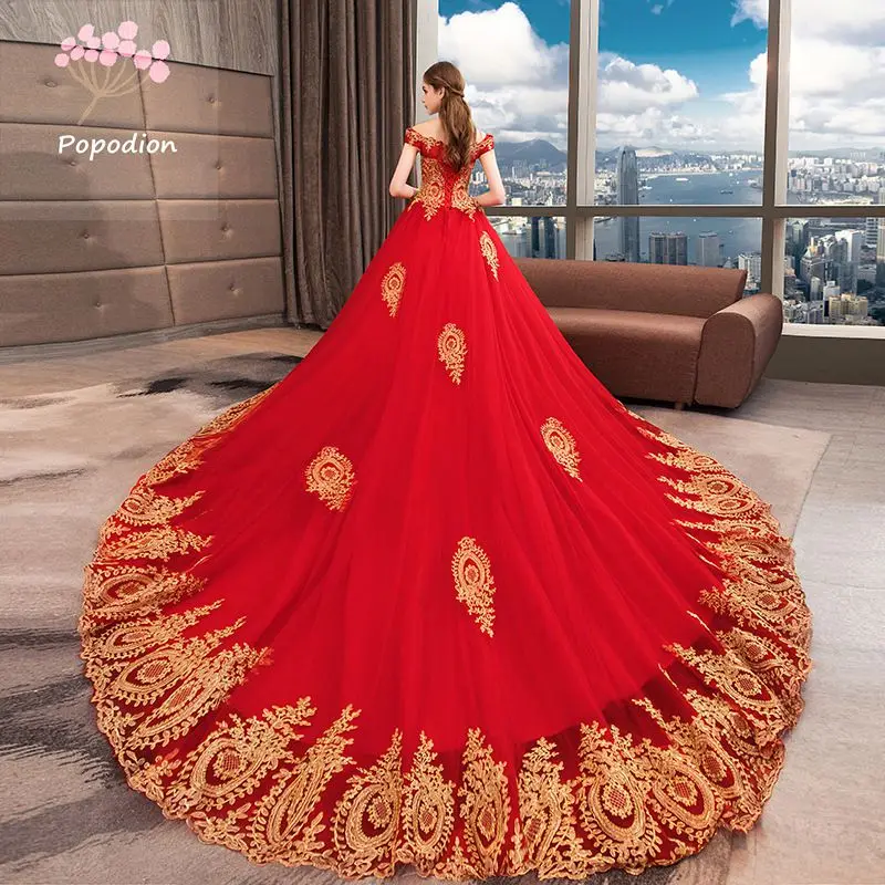 

Popodion red wedding dress lace plus size long train wedding gowns for bride bride dress vestido de noiva WED90456