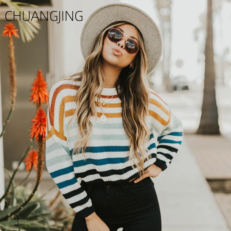 

Fashion Autumn Winter Pullover Knitted Sweater Women Casual O-neck Long Sleeve Striped Sweater Ladies Sweet Streetwear Sweater