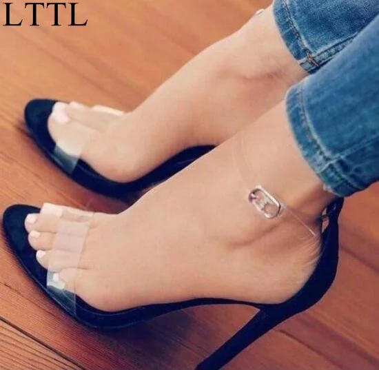 

Big Size 11 Hot Selling High Heel Cross Strap Transparent Sandal For Women Cut-out Summer Dress Shoes 2017 Designer