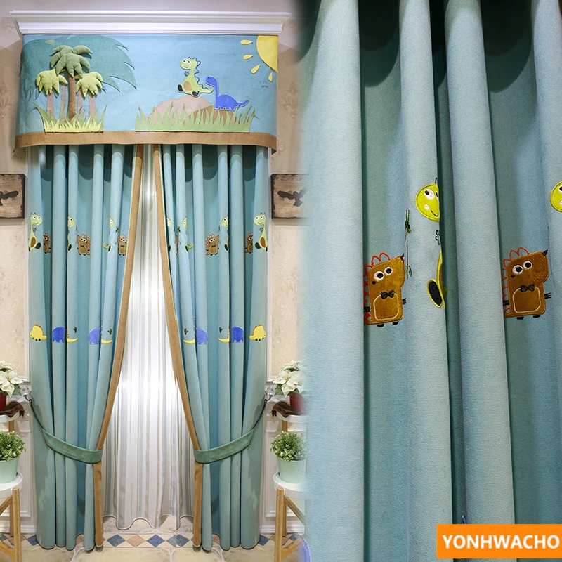 Personalizada de cortinas Chevron parche bordado de dinosaurio de dibujos animados tela engrosamiento tela azul cortinas de tul cenefa N620 - 1