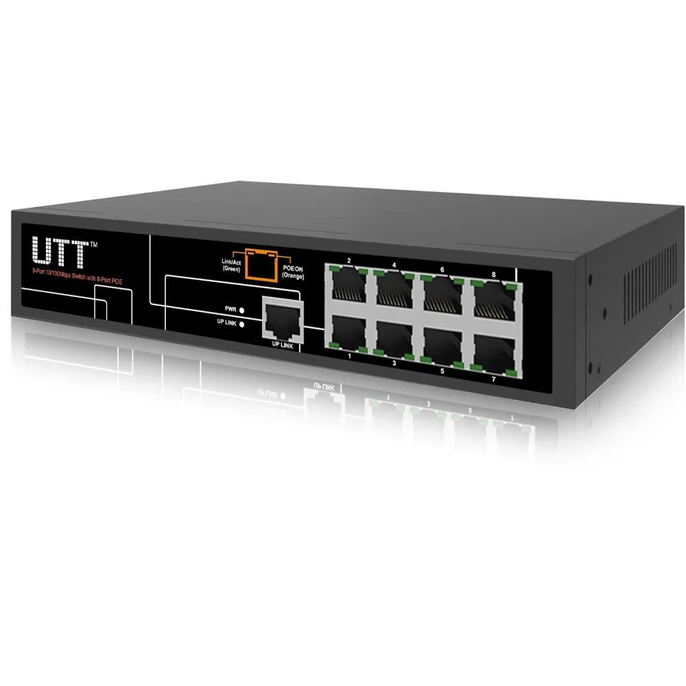 UTT S1081P-24V 8-портов Неуправляемый Пассивный Fast Ethernet PoE Коммутатор, 8 PoE портов 130 Вт, 24 В Пассивный PoE, плюс 1 Порта FE