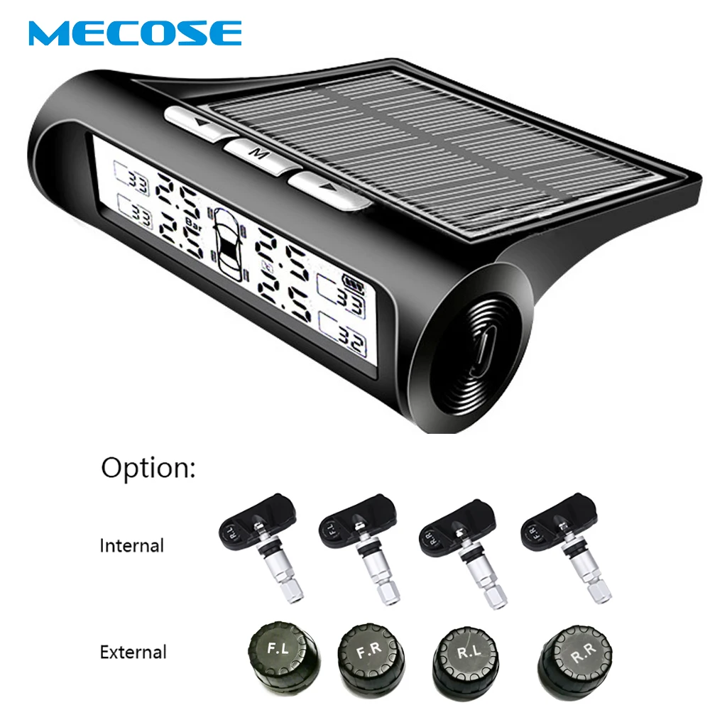 

2019 Universal Car TPMS Solar power Tire Pressure Monitoring Alarm System Ink Display Temperature Warning Tyre with Four Sensors
