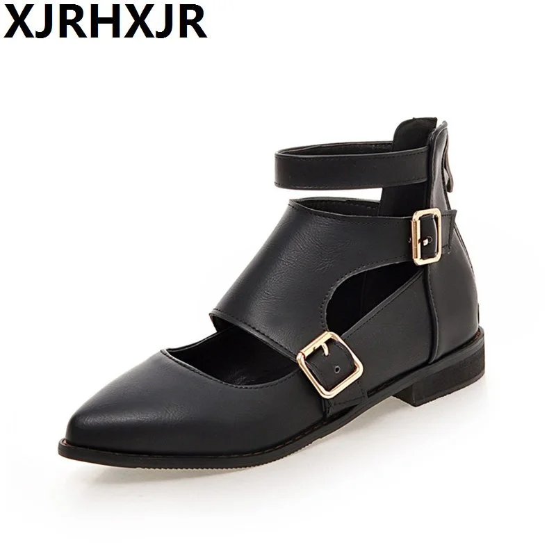 

2019 British Style Spring New Pointed Toe Hollow Belt Buckle Flat Heel Shoes Fashion Single Women Shoes Sandals Big Size 34-43
