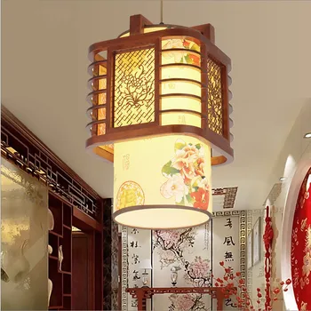 

Chinese peony pattern wood art Chandelier Through-carved flower painting parchment shade E27 LED lamps for corridor&porch MYR041
