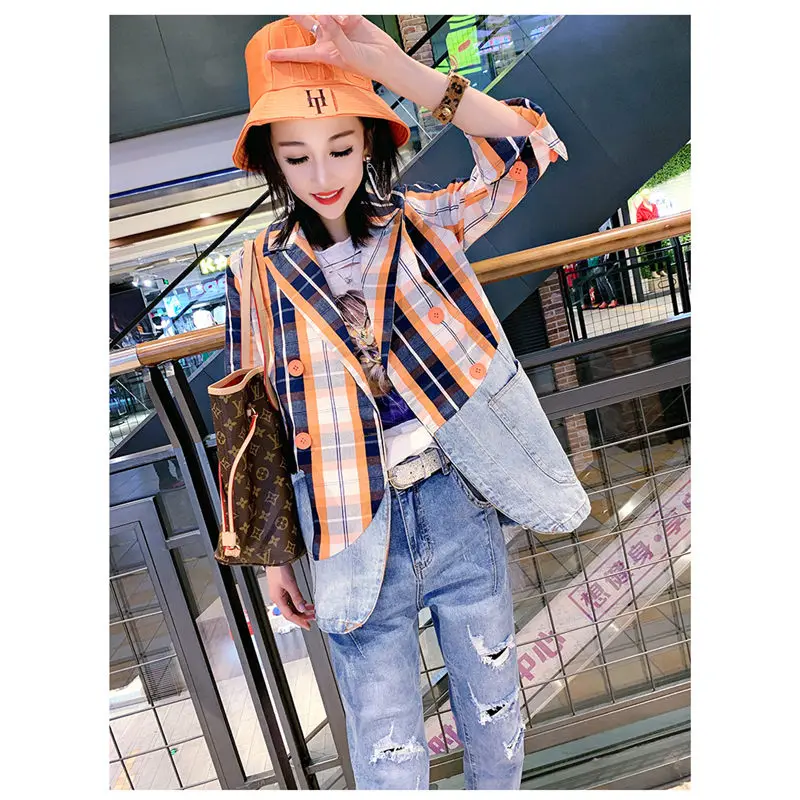 Новинка Harajuku клетчатая куртка для женщин Блейзер пальто деним пэчворк
