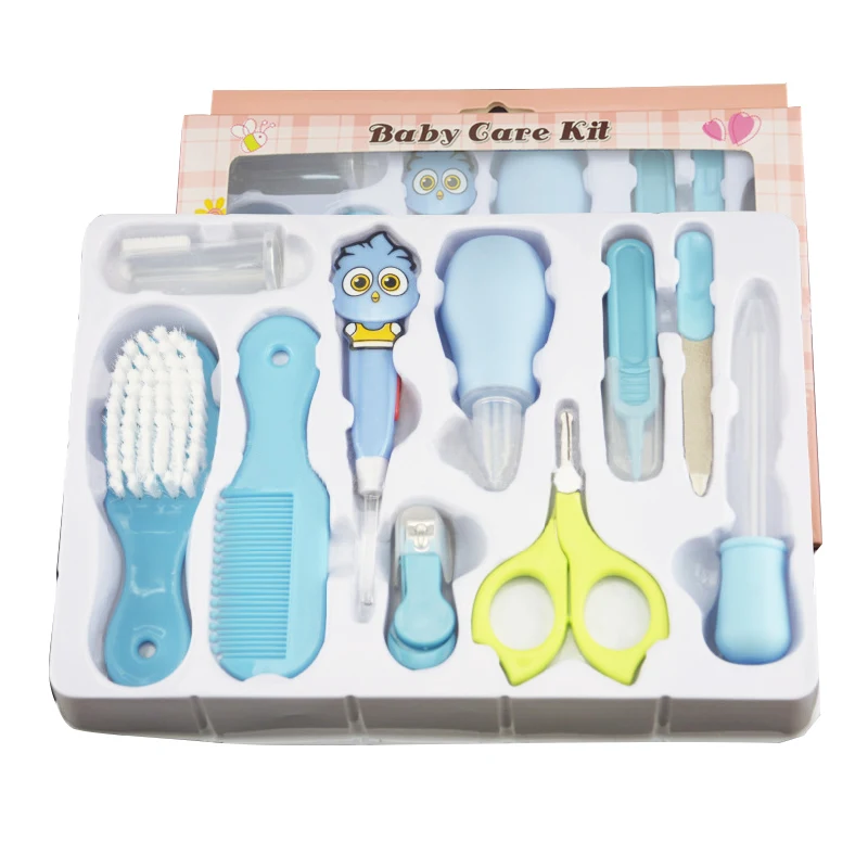 10 and 9 Pcs/Set Safety Newborn Baby Health Care Set Nail Hair Brush Thermometer Nose Cleaner Grooming Kit With Bag