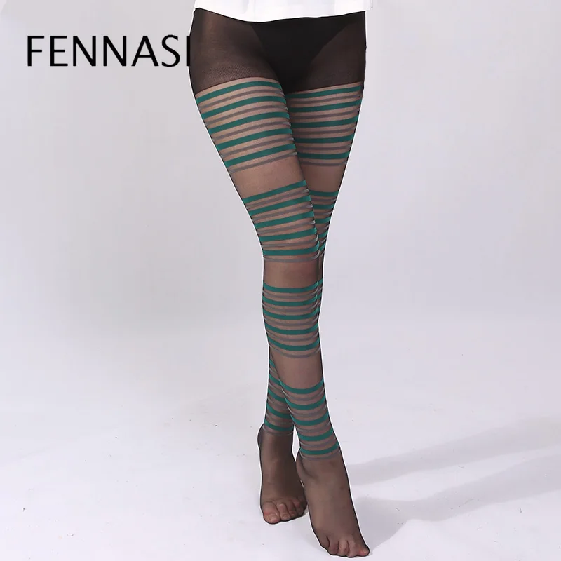 Женские колготки в полоску FENNASI зеленые и серые с принтом сексуальные высокой