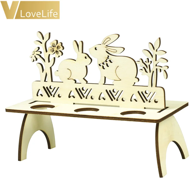 

Hot Wooden Creative Easter Egg Shelves for Easter Party Ornament Egg Stand Rack Bunny Pattern Easter DIY Bunny Letter Decoration