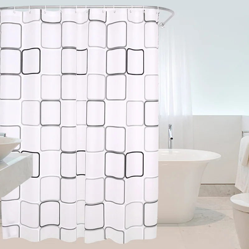PEVA White Square Thick Shower Curtain With Hooks Waterproof Mildew Resistant Bath Curtain