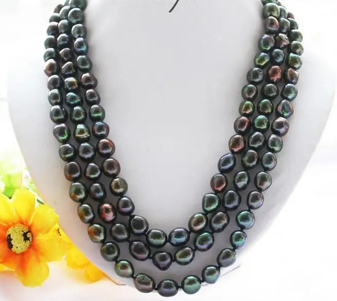 

3897 3row black baroque freshwater pearl necklace opal flower