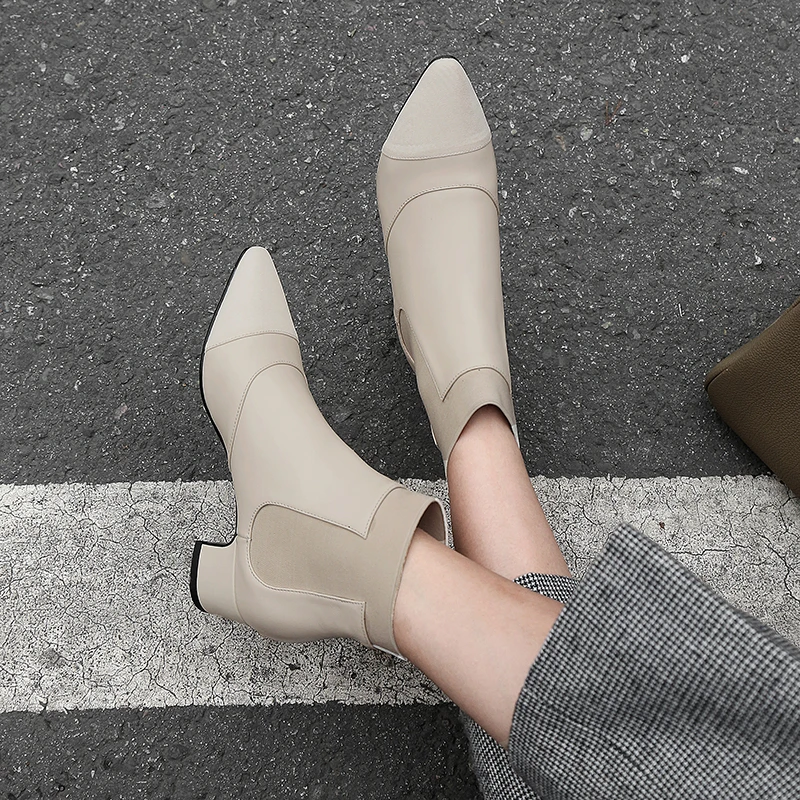 

LAPOLAKA 2018 wholesale genuine leather chunky Heels Ankle Boots Women Shoes Woman pointed toe Shoes Woman Boots