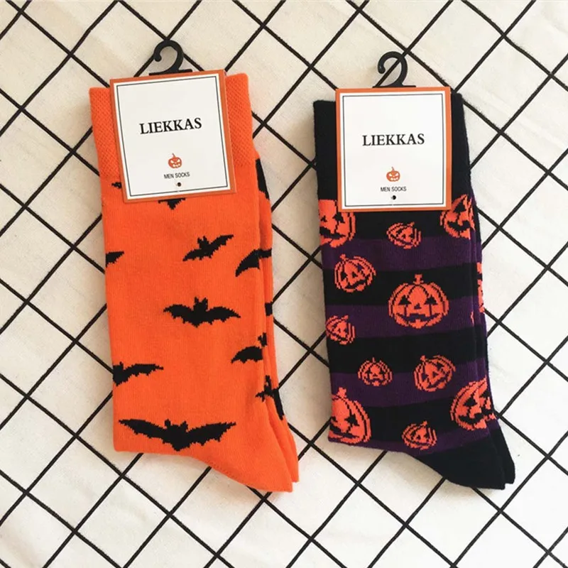 Bats Pumpkin Cartoon Socks Men Knee-High Socks Halloween Cosplay Cotton Crew Socks Spring Autumn Casual Socks