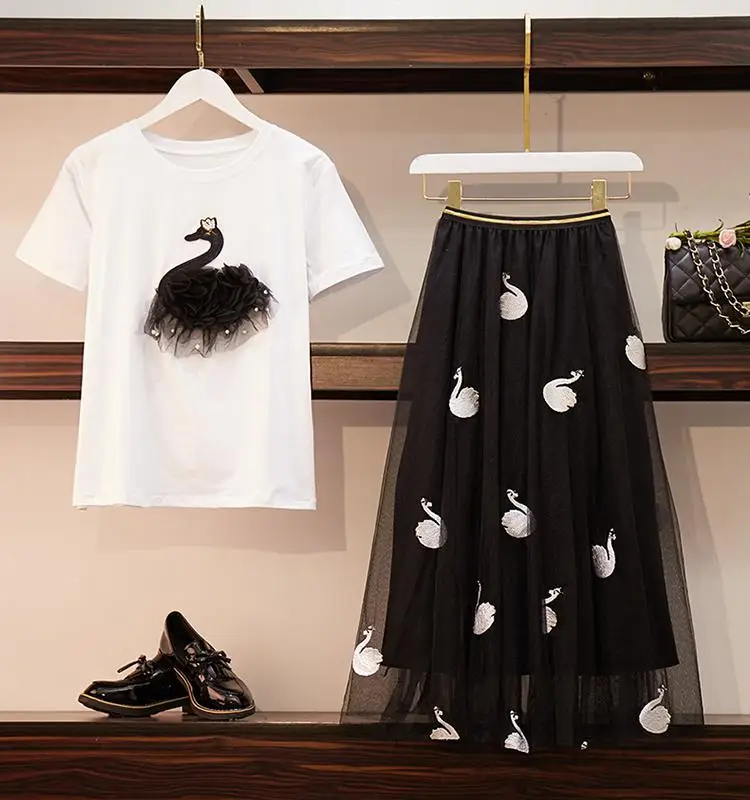Летняя женская модная одежда Комплекты из двух предметов Повседневная белая футболка+ черная газовая юбка костюмы с изображением лебедя Элегантный комплект из 2 предметов для женщин - Цвет: 1