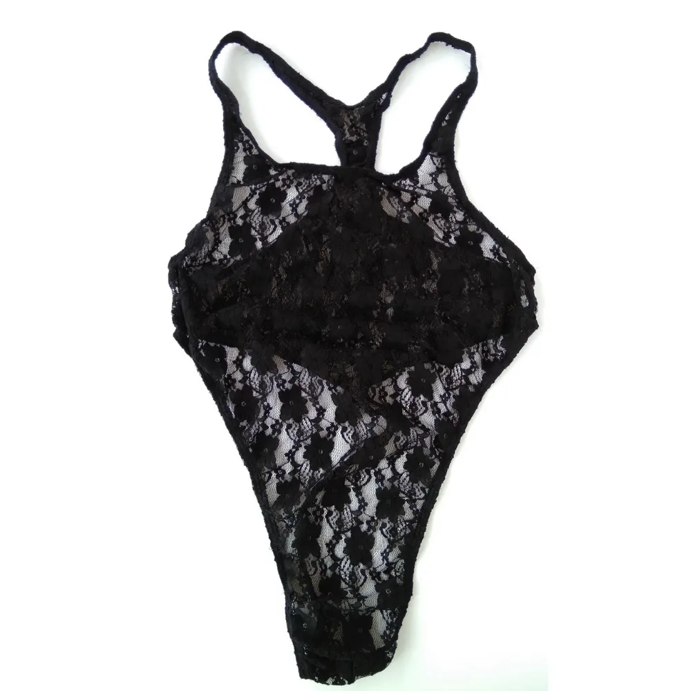 

Mens bodysuit underwear lace sexy transparent frog racer neck thong leotard