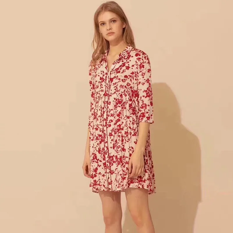

2019 New Women Luxurious Purl Flower Print Loose Dress Summer Turn Down Collar Sweet Mini Dress