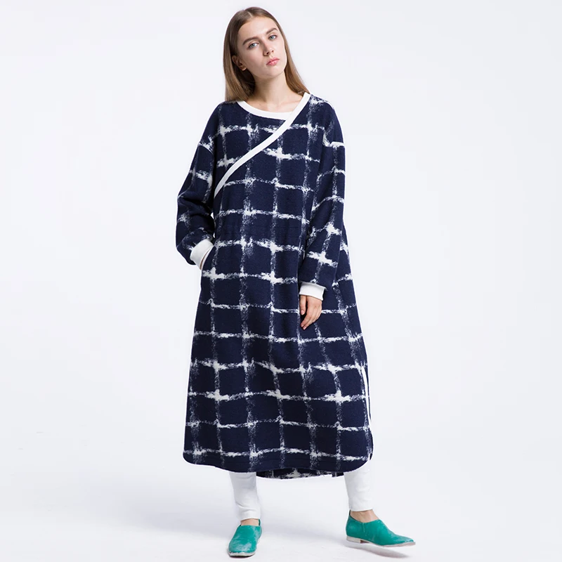 Lâche Laine Nouvelle 2016 Automne Casual Ch220 Originale Longues Bleu Manches Maxi Arrivée Taille Conception Femmes Robe Plaid La Plus Réglable FYYgqB6