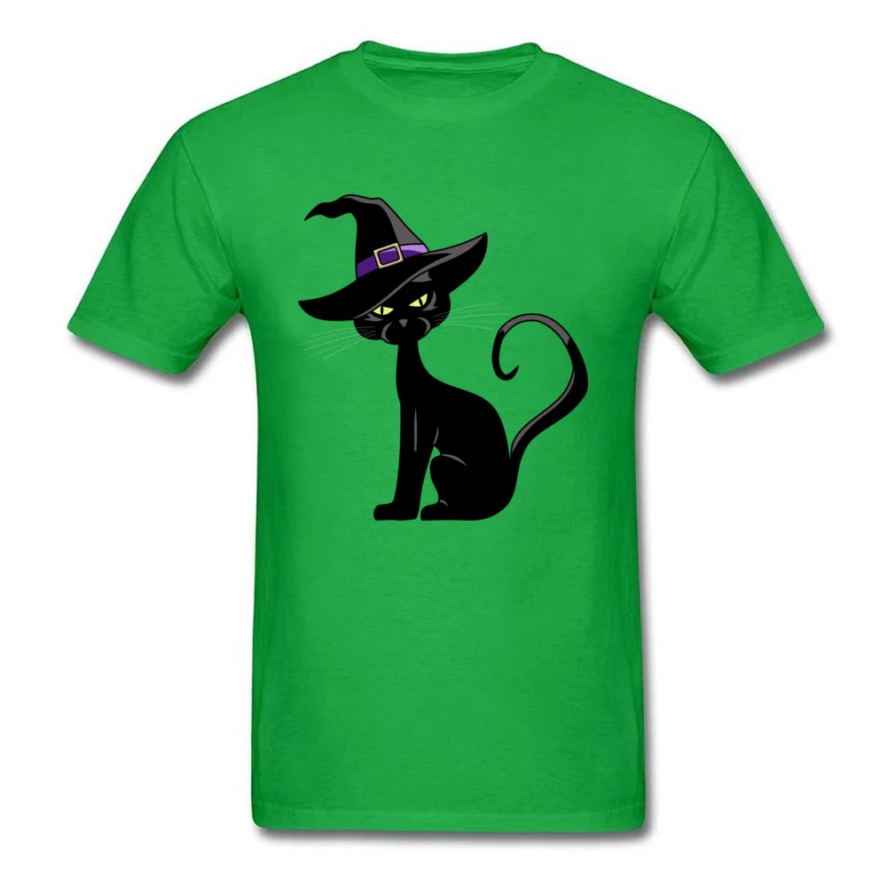 Tops & Tees Cat in Witch Hat Lovers Day Short Sleeve Pure Cotton Round Collar Men Tshirts Simple Style T Shirt New Design Cat in Witch Hat green