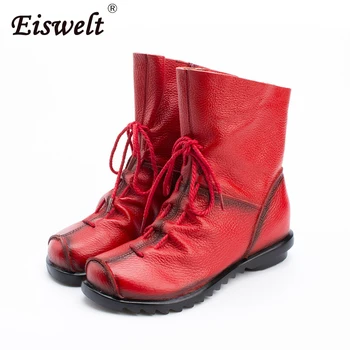 

EISWELT Women Boots Vintage Style Genuine Leather Winter Soft Cowhide Ladies Shoes Front Zip Ankle Boots Fashion Women Boots