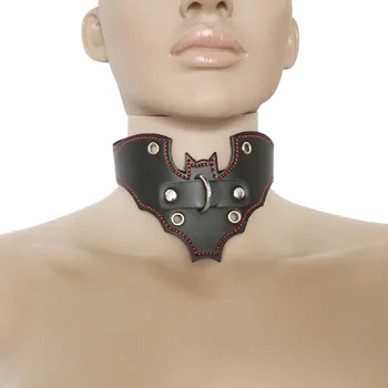 

PU Leather Bat Wing Fetish Choker Collar Lockable Womens Fetish Snap On Neck Restraint Role Play Punk Rock Costume