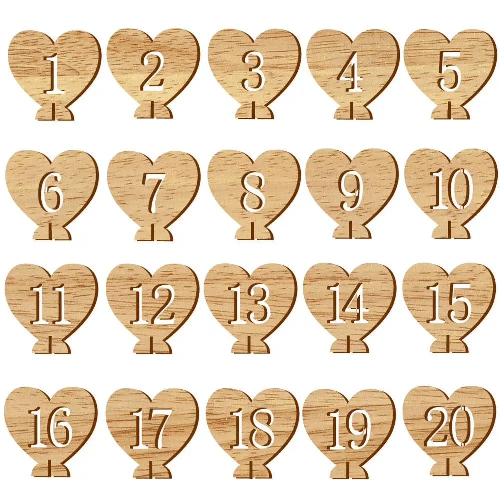 1-20 деревянных карточек для свадебной вечеринки в форме сердца, пустотелых цифр, держатель для места, номер стола