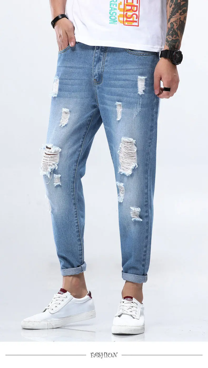 Fashion Men Jeans Solid Pencil Pants Cotton Cargo Jeans Pant Simple Color Male Trousers Youth Full Length Brand Hollow Out Jeans 03