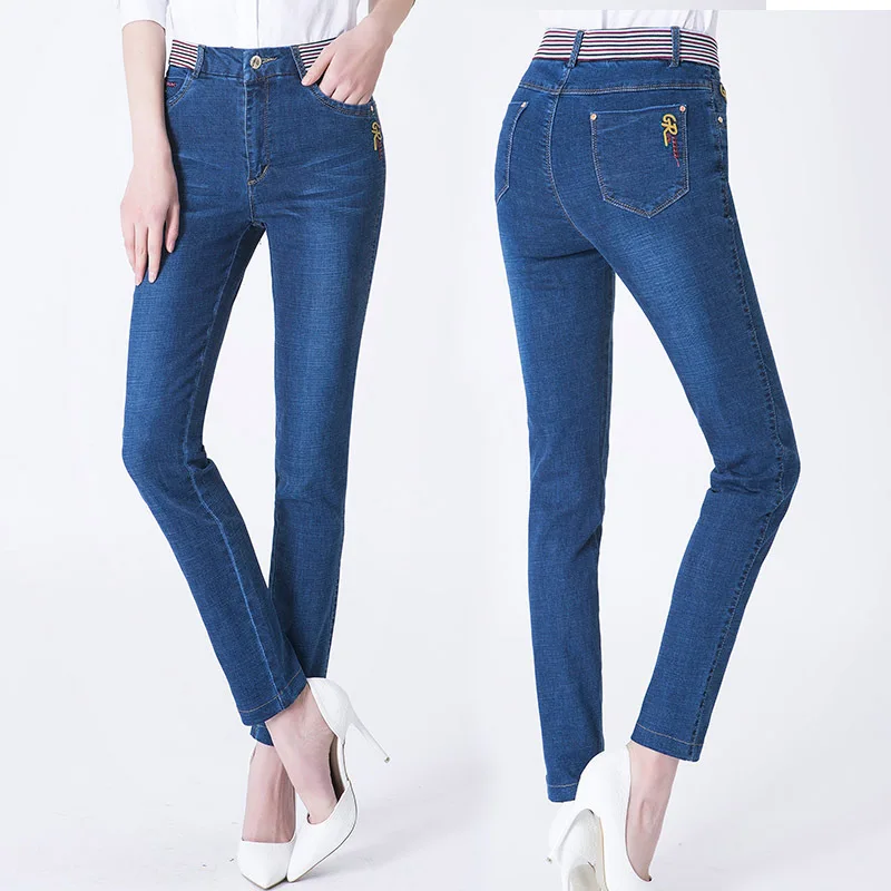 Jbersee, весенние и летние тонкие Модные женские повседневные Стрейчевые джинсы, женские прямые джинсы больших размеров с высокой талией, женские джинсы
